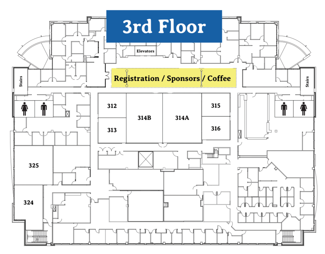 3rd floor map highlighting the lobby area, with text: "Registration / Sponsors / Coffee"