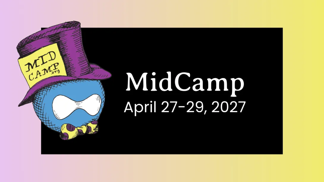 Banner graphic for MidCamp 2027 featuring the MidCamp mascot and event dates, April 27–29, 2027